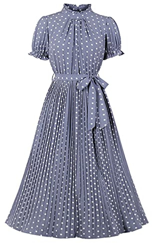Wellwits Damen Polka Dots Plissee Midi Vintage Cocktail Formelles Kleid, grau/blau, 3XL