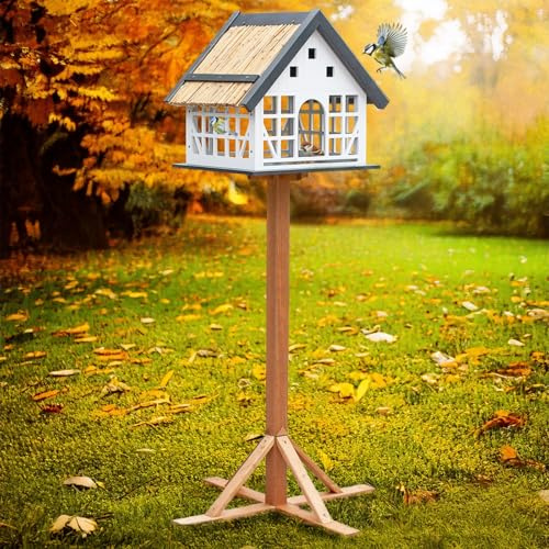 VOSS.garden Lindau Vogelhaus inklusive Ständer Groß Fachwerkstil Reetdach Weiß Grau