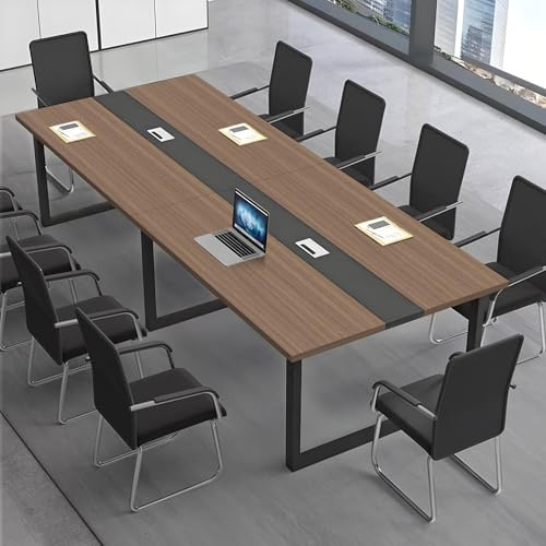 CCUKTFN Großer Konferenztisch, Moderner Besprechungstisch mit Kabelkanal und Schwarzem Metallrahmen für 8–12 Personen, Rechteckiger Seminar-Tisch für Büro, Konferenzraum