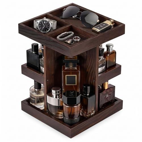 ProCase 3-Tier 360° Rotating Wooden Cologne Organizer for Men, Brown