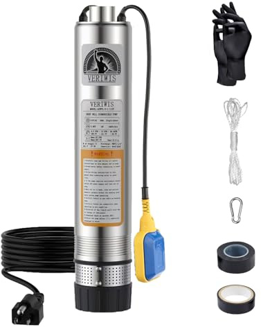 VERIWIS 3/4HP Submersible Septic Tank Pump 4 Stainless Steel Effluent Cistern Pump 32GPM 174FT Head with 33FT UL Cord and Float Switch 115V 60Hz for Home Deep Well, Irrigation, Drainage