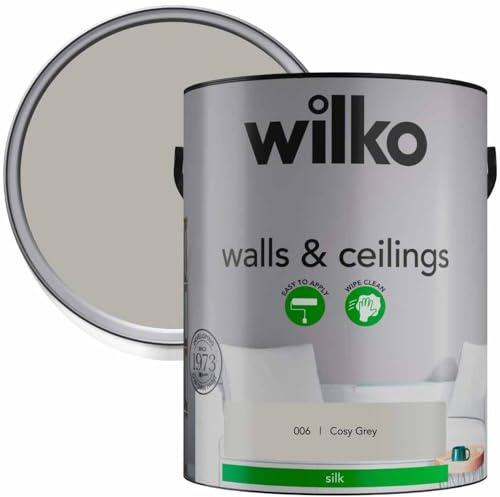 wilko Silk Paint 5L, Emulsion Paint, Walls & Ceiling Paint, Cosy Grey, Premium Quality, Easy Application, Hard-wearing, Wipe Clean, 60 Square Metres Coverage, For Interior Walls