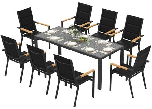 Devoko Set di Arredo da Giardino 8 Persone, Set di Tavolo 189 cm Design a Vena di Legno e 8 Sedie Impilabili da Esterno in Alluminio, Ideale per Cortile, Terrazza o Ai Margini della Piscina, Grigio