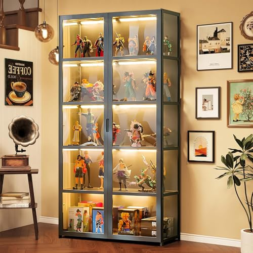 Scribora Display Cabinet with Acrylic Glass Door, 5 Tier Curio Display Case, Collectibles Toy Organizers Rack & Display Shelf, Kids Bookcase for Bedroom Reading Room (Grey-folio Door)