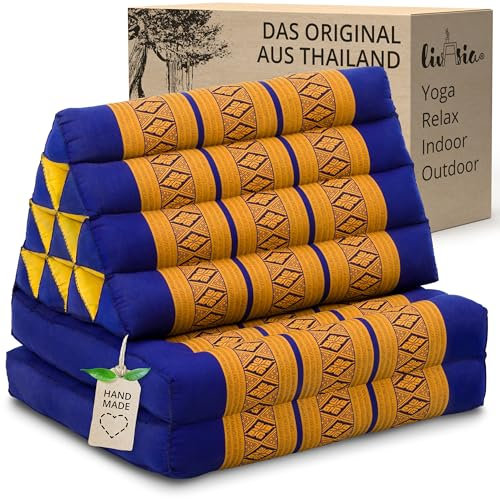 livasia Thaikissen mit 2 Auflagen - 120x50x8cm - Dreieckskissen mit Sitzkissen, Keilkissen mit Kapok, Rückenkissen faltbar, Thaimatte zum Klappen, handgefertigt, Meditationskissen (Blau/Gelb)