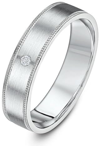 Theia Ehering Palladium 950 Flach ovale Form, 0.02ct Rundschliff Diamant, EIngeriebene Fassung mit Millgrain Kante, 5mm - Größe 66 (21.0)