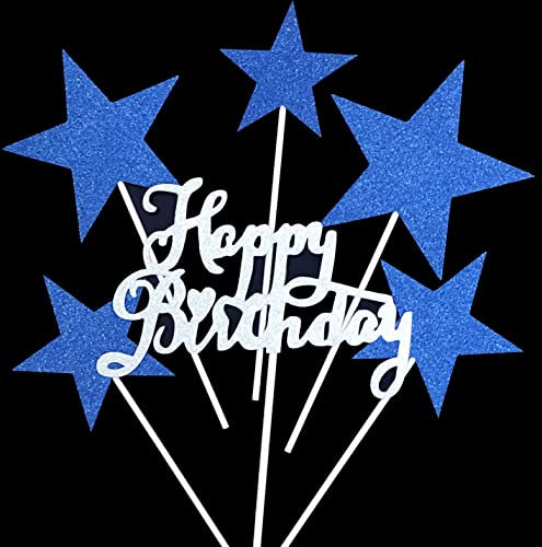 AILEXI Handmade 6 Counts Glitter Cake Decorating Toppers for cupcake and ice-cream - Happy Birthday and Glitter Blue Stars set