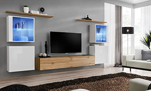 ASM Wand-Set Switch XIV – 4 Vitrinen – 1 TV-Bank – 2 Einlegeböden – Holz und Weiß – Modell 2