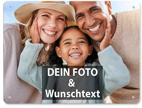Tassendruck Blech-Schild mit Foto und Text selbst gestalten/Personalisierbar mit eigenem Bild als Metall-Poster / A5 (15x20cm) im Querformat/Weiss