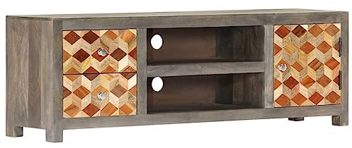 vidaXL Mangoholz Massiv TV Schrank Mit Rautenmuster TV Möbel Tisch Lowboard Fernsehtisch Fernsehschrank Sideboard HiFi-Schrank Grau 120x30x40cm