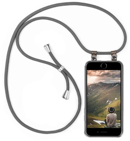 moex Handykette für iPhone 7 Plus/iPhone 8 Plus Hülle mit Band abnehmbar, Handyhülle mit Kette zum Umhängen, Handyband 155 cm lang Stoff Kordel Umhängehülle, Handy Umhängeband, Grau