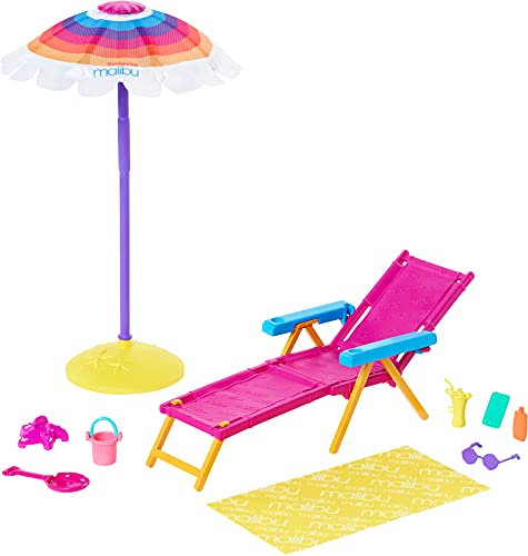 Barbie- Playset Giornata in Spiaggia con Ombrellone, Lettino e Tanti Accessori, Giocattolo per Bambini 3+Anni, GYG17