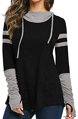 iChunhua Casual Fall Tops for Women Long Sleeve Ladies Hoodies with Thumb Holes Black S