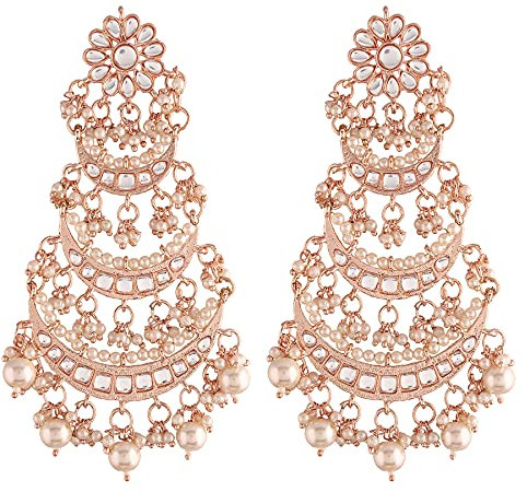 I Jewels 18k Rose Gold Plated Indian Wedding Bollywoos 3 Layered Beaded Chandbali Earrings with Kundan and Pearl Work for Women (E2859RG), Metal