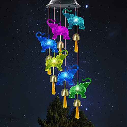 Carillon éolien à énergie solaire en forme d'éléphant étanche à LED pour terrasse, cour, décoration d'intérieur – Fonctionne à l'énergie solaire extérieure