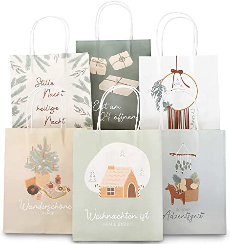 Papierdrachen 6 Bedruckte Henkeltüten zu Weihnachten 2025 - Bunt - 22x18x8cm - weihnachtliche Geschenkverpackung - Geschenktüten