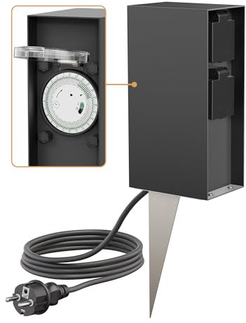 ledscom.de Garten-Steckdosensäule POMI mit Erdspieß und 2m Kabel für außen, IP44, Timer/Zeitschaltuhr, 2-Fach, anthrazit, eckig, 23cm