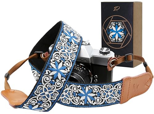 Padwa Lifestyle Blue Flower Camera Strap - 2 Wide Cowhide Head, Embroidered Cotton Woven Vintage Camera Straps,Universal Neck & Shoulder Strap for All DSLR Cameras and Men & Women Photographers