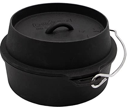 Grillfürst Dutch Oven ca. 4 Liter - stabil stehender Feuertopf mit flachem Boden ohne Füße, hitzebeständiger Gusseisen Topf, Deckel als Pfanne nutzbar, rund, DO 4