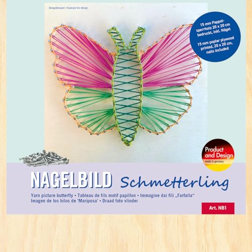 Pebaro NB1 Nagelbild Kreativ Set, Bastelset, Fadenbild, Fadenspannbild, String Art, mit vorgedrucktem Motiv Schmetterling, inkl. Nägel, Basteln mit Holz, kreative Geschenkidee, Dekoartikel