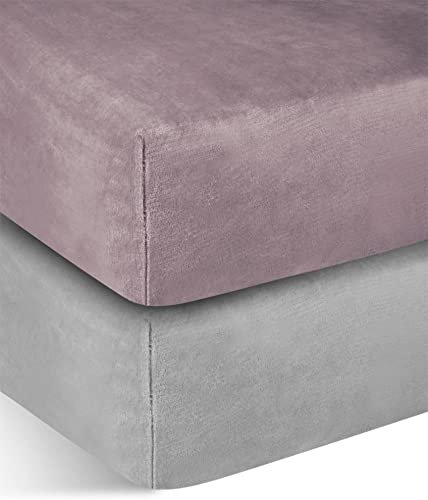 normani 2 weiche Flanell Spannbettlaken mit Cashmere Touch und 35 cm Steghöhe - Bettlaken aus Jersey Fleece - warmes Winter Spannbetttuch Laken Farbe Hellgrau/Rosa Größe 140 cm x 200 cm