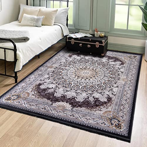 Mazovia Orientalisch Vintage Teppich - Kurzflor Waschbar - Weich Traditioneller Teppich für Wohnzimmer, Schlafzimmer, Esszimmer – Oriental Teppiche - Grau 120 x 170 cm
