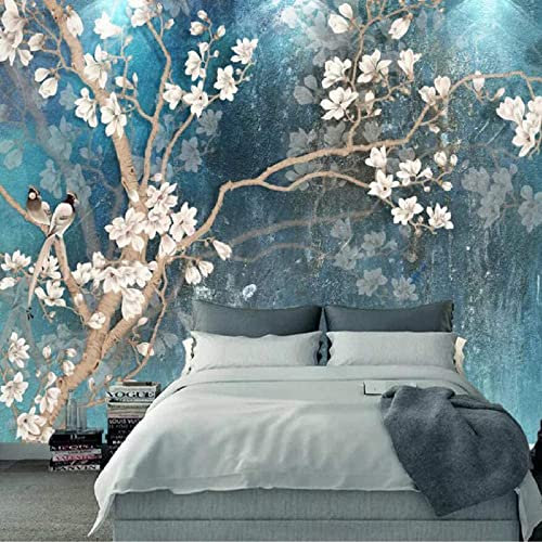 GHASOO 3D Mural Photo Wallpaper Vintage Magnolia Vintage Blue Backdrop Wall Classic Interior Decor Wallpaper 3D Panel Wall Wall Bathroom Restaurant Hall Living Room Hallway Wall Art 137X 100