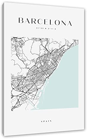 Pixxprint Stadtkarte Eckig - Barcelona als, Größe: 80x60cm, Leinwandbild, fertig gespannt, Wandbild, Dekoration, Kunstdruck, kein Poster