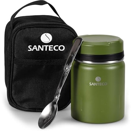 SANTECO Termo de Comida Caliente Aislado al Vacío - Frasco Tarro de Acero Inoxidable de Doble pared con Cuchara Plegable sin BPA, Bolsa de Viaje Aislante a Prueba de Fugas - 500ml Verde