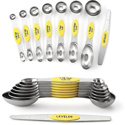 Spring Chef Magnetic Measuring Spoons Set, Dual Sided, Stainless Steel, Fits in Spice Jars, Yellow, Set of 8, 2 Pack