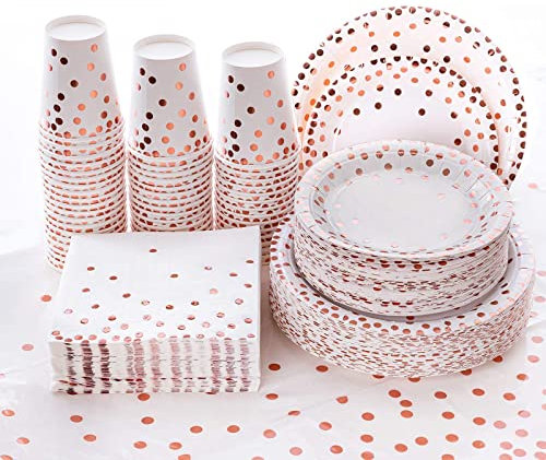 201 Pcs Rose Birthday Party Tableware, Rose Gold Paper Dinnerware Includes Paper Plates Napkins Cups Tablecloth for Wedding Engagement, Baby Shower (50 Guests)