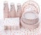 201 Pcs Rose Birthday Party Tableware, Rose Gold Paper Dinnerware Includes Paper Plates Napkins Cups Tablecloth for Wedding Engagement, Baby Shower (50 Guests)