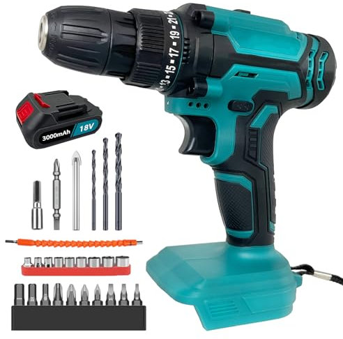 Cordless Drill Driver Kit, 21V Electric Drill Screwdriver Combi Set, 2pcs Li-Ion Battery 3000mah, Fast Charger, 25+1 Clutch, 45N.m Torque, Built in LED, for Drilling Walls, Bricks, Wood, Metal