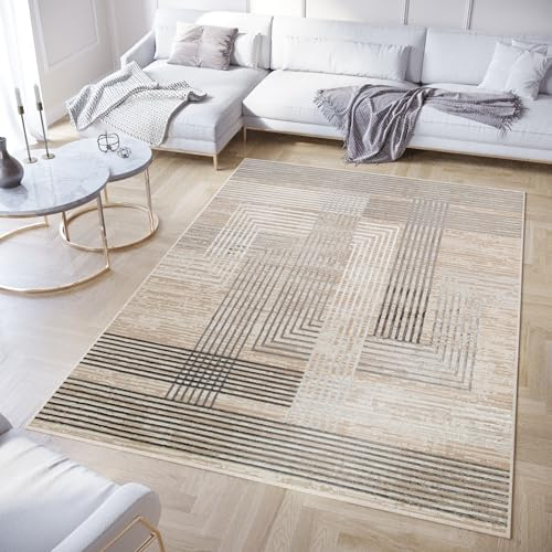 TAPISO Crystal Teppich Kurzflor Glänzend Dunkelgrau Hellgrau Weiß Beige Streifen 3D Effekt Wohnzimmer Schlafzimmer Modern Design ÖKO-TEX 140 x 200 cm | Geometrisch 3D Effekt Wohnzimmer Schlafzimmer Modern Design OEKO-TEX