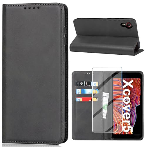 Handyhülle für Samsung Galaxy Xcover 5 Hülle mit Schutzfolie, Schutzhülle Galaxy Xcover 5 PU Leder Wallet Kartenfach Ständer Klapphülle Lederhüllen Case für Samsung Xcover 5 Tache Cover (Schwarz)