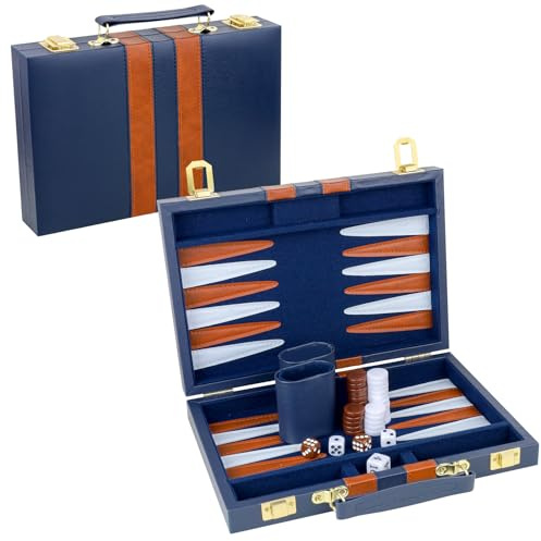 TOPTAN Backgammon Set 2 Players Classic Backgammon Sets for Adults Board Game with Premium PU Leather Case Portable and Travel Backgammon Set (Navy, 11inch)