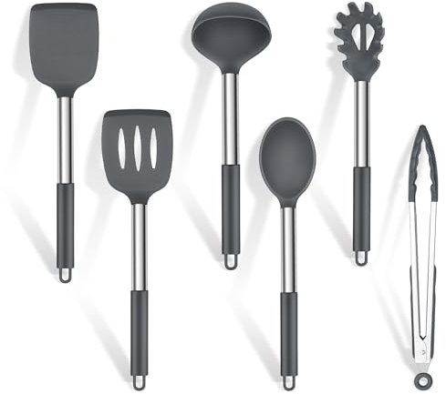 Homikit Kitchen Utensil Set, 6Pcs Silicone Cooking Utensils with Stainless Steel Handle, Kitchen Cooking Tools for Non Stick Pans, Heat Resistance & Dishwasher Safe - Grey