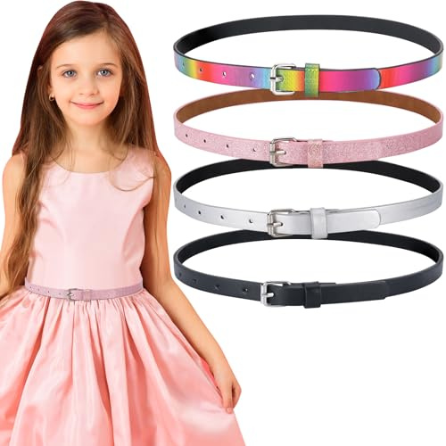 Zuimei 4Pcs Thin Belt for Girls, Adjustable Fashion Kids Glitter Belt | Cute Shiny PU Leather Waist Belt for Girls and Boys