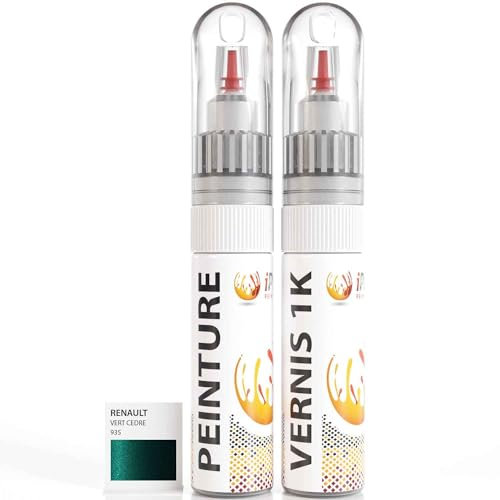ipixline Kit Retouche Peinture Carrosserie Voiture - Stylo Correcteur Peinture Auto 30 ml, Vernis Brillant 1k 30 ml - Compatible avec Renault - Vert Cedre 935