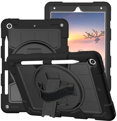 GANGANPRO Étui compatible avec iPad 9/8/7, pare-chocs en TPU, dos en polycarbonate, bandoulière réglable, support rotatif intégré, 10,2 pouces – Noir