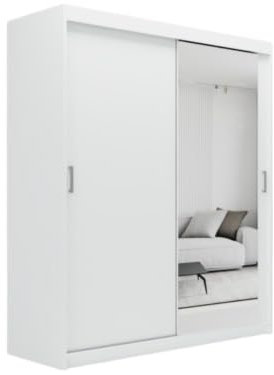 ELUKS OVI Double Sliding Doors Wardrobe with Mirror Furniture for Bedroom Living Room and Hall Wardrobe Organizer Width 100cm/120cm/150cm/180cm/200cm (White, 150cm)