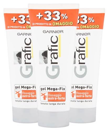Garnier Grafic Gel per Capelli Mega-Fix Tenuta Extra Forte Ideale per Messa in Piega Lunga Durata Senza Residui - 3 flaconi da 200 ml