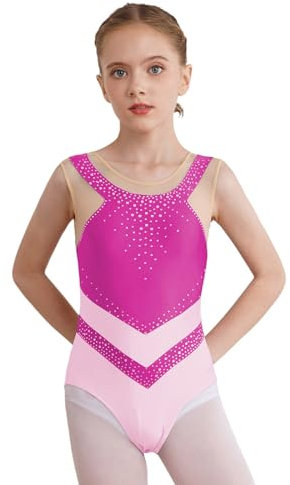 Agoky Mädchen Ärmellos Turnanzug Kinder Gymnastikanzug Farbblock Streifen Tanzbody Mesh Spleiß Eiskunstlauf Anzug Klassisch Leotard Hot Pink C 134-140