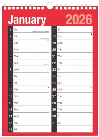 2026 A4 Wall Calendar 2-Column Month-to-View Spiral Bound Planner with Bank Holidays Year-to-View Academic Home Office Business Organisation Scheduler January-December 2026 Full Year