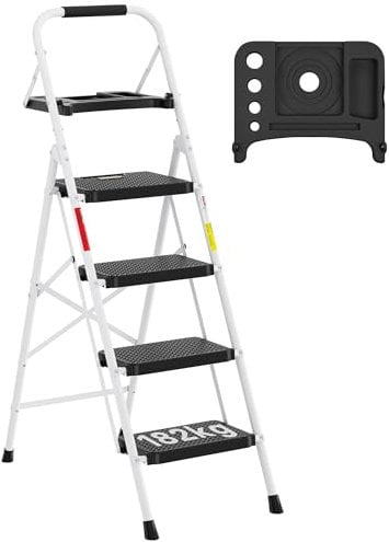 BONTEC Scala pieghevole a 4 livelli, capacità 150 kg, con pedali antiscivolo, pieghevole, in acciaio, manubrio in spugna, casa, dispensa, per interni ed esterni, colore bianco