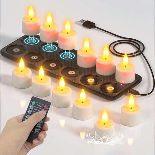 SoulBay LED Kerzen Aufladbar, 12 Stück Wasserdichte LED Teelichter Wiederaufladbar Elektrische Kerzen Schwimmkerzen mit Timer Fernbedienung Ladestation für Zimmer Badezimmer Wohnzimmer Halloween Deko