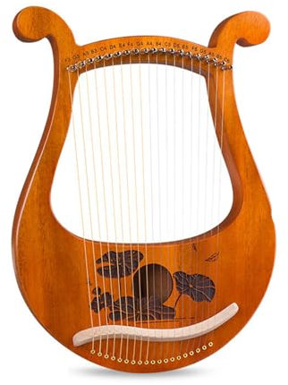 19 Saiten Lyre Harfe, Massivholz Mahagoni Lyre Instrument mit Stimmschlüssel und Ersatzsaiten, Massivholz Mahagoni Körper Geschnitzte Phonetische Symbole (Stil 1)