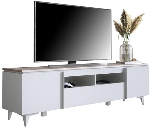 Newroom TV Lowboard Weiß Sandstein TV Schrank Modern Elegant - 177x51,5x40 cm (BxHxT) - Fernsehtisch TV Board Rack - [Khora.Five] Wohnzimmer