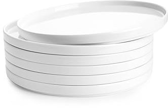Sweese Flache Speiseteller aus Porzellan, 26,7 cm hoher Rand, spülmaschinenfest, mikrowellen-, ofenfest, kratzfest, Küchen-Serviergeschirr, elegante weiße Glasur, 6 Stück