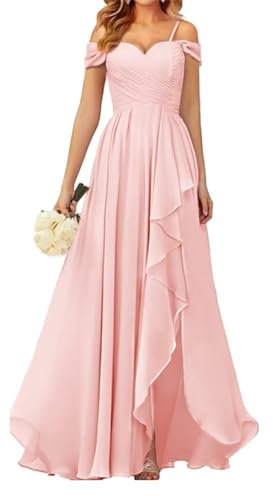 WSEYU Robes de demoiselle d'honneur à épaules dénudées pour mariage en mousseline de soie Robe de soirée longue formelle avec fente, rose, 36